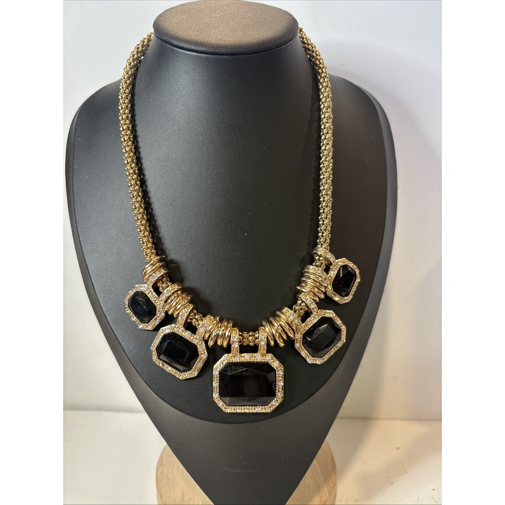 Statement Necklace Black Faceted Crystal Gold Tone Rhinestone 22 Inch Bib